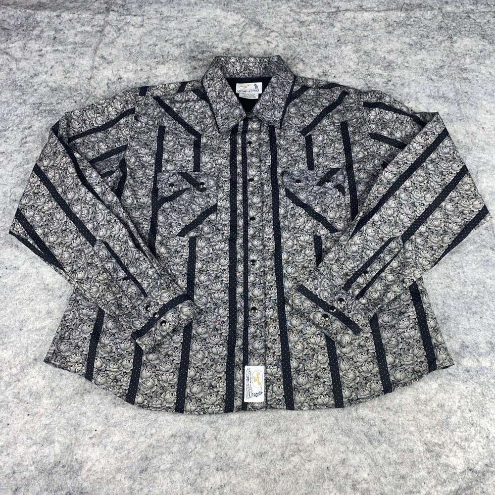 Panhandle‎ Slim Pearl Snap Women's M Black Western Floral Rose Sawtooth Shirt